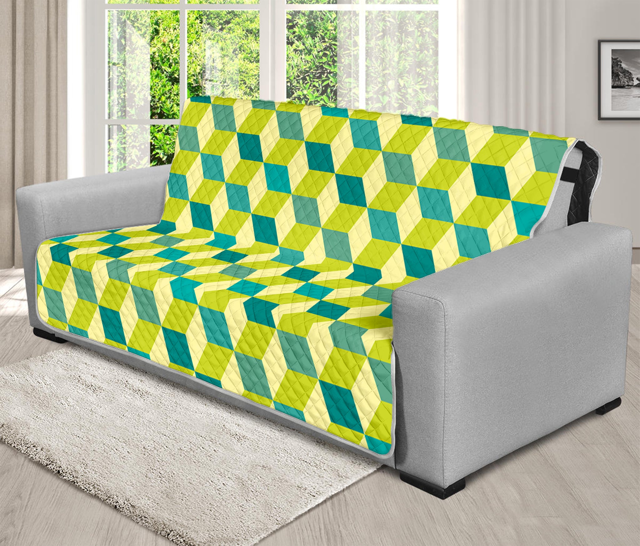 Green Geometric Cube Shape Pattern Print Futon Protector