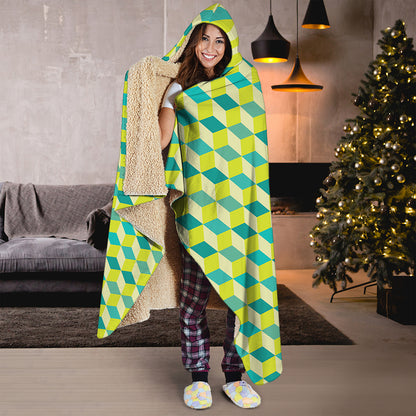 Green Geometric Cube Shape Pattern Print Hooded Blanket