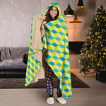 Green Geometric Cube Shape Pattern Print Hooded Blanket