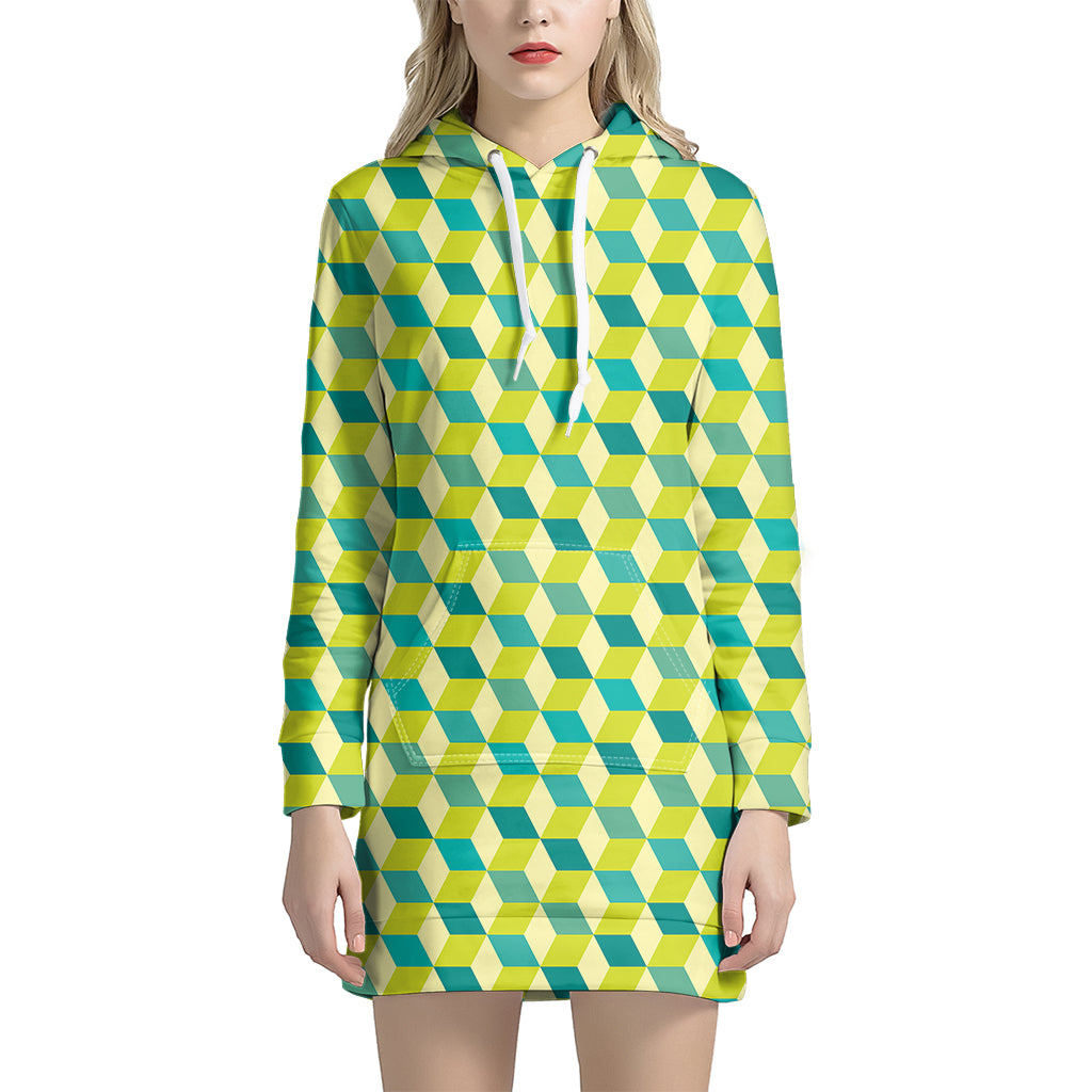 Green Geometric Cube Shape Pattern Print Hoodie Dress