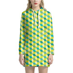 Green Geometric Cube Shape Pattern Print Hoodie Dress