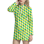 Green Geometric Cube Shape Pattern Print Hoodie Dress