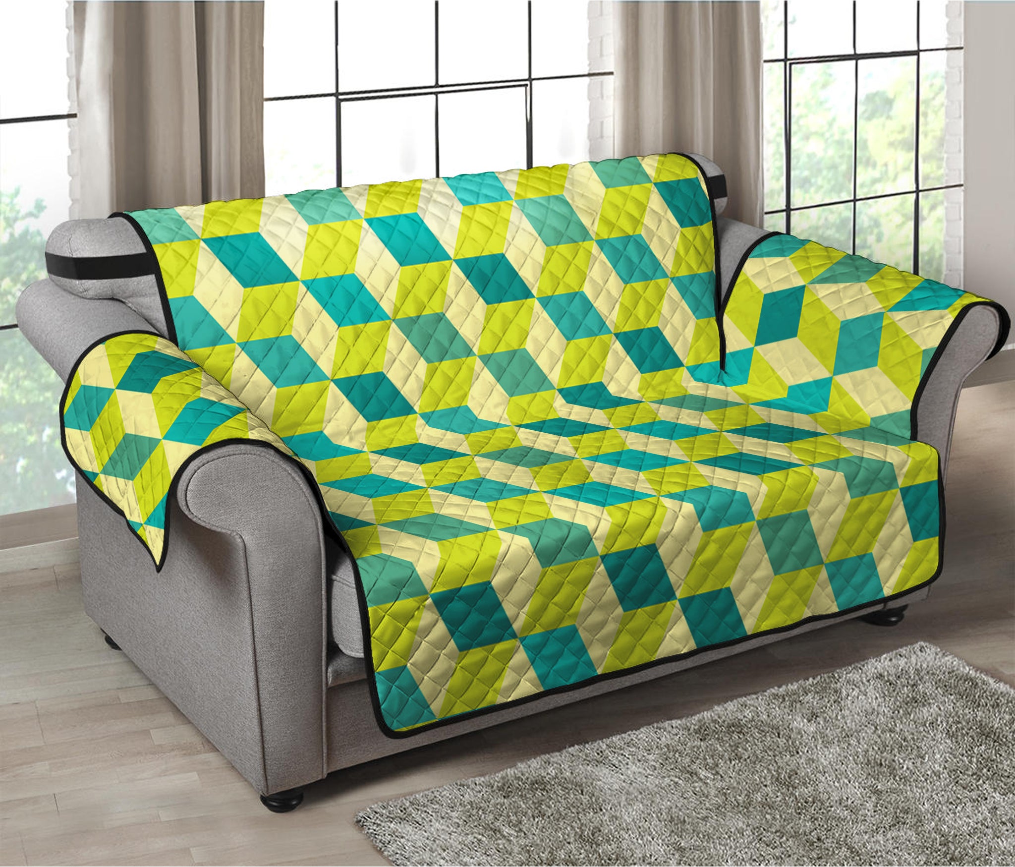 Green Geometric Cube Shape Pattern Print Loveseat Protector