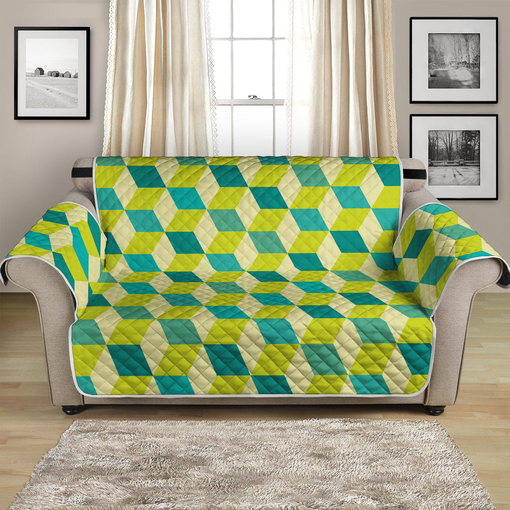 Green Geometric Cube Shape Pattern Print Loveseat Protector