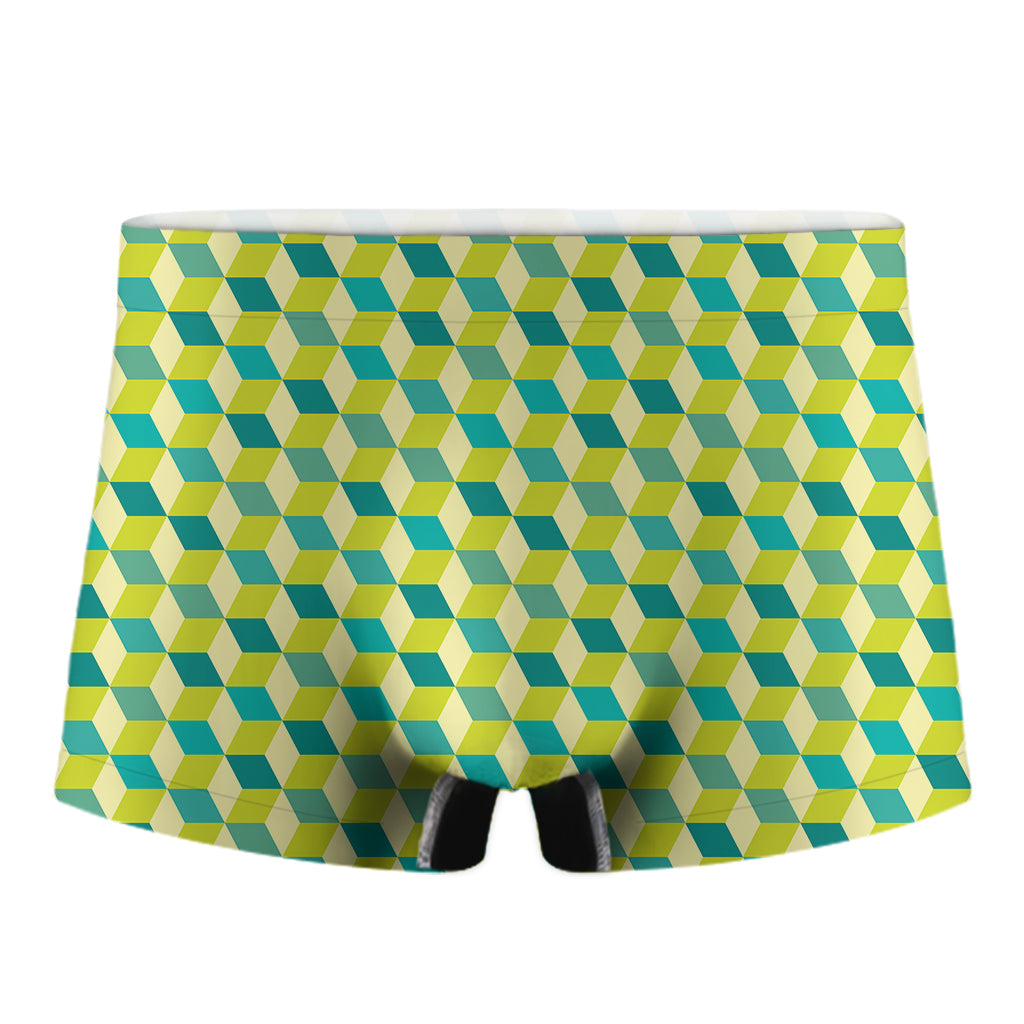 Green Geometric Cube Shape Pattern Print Men's Boxer Briefs