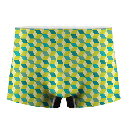 Green Geometric Cube Shape Pattern Print Men's Boxer Briefs