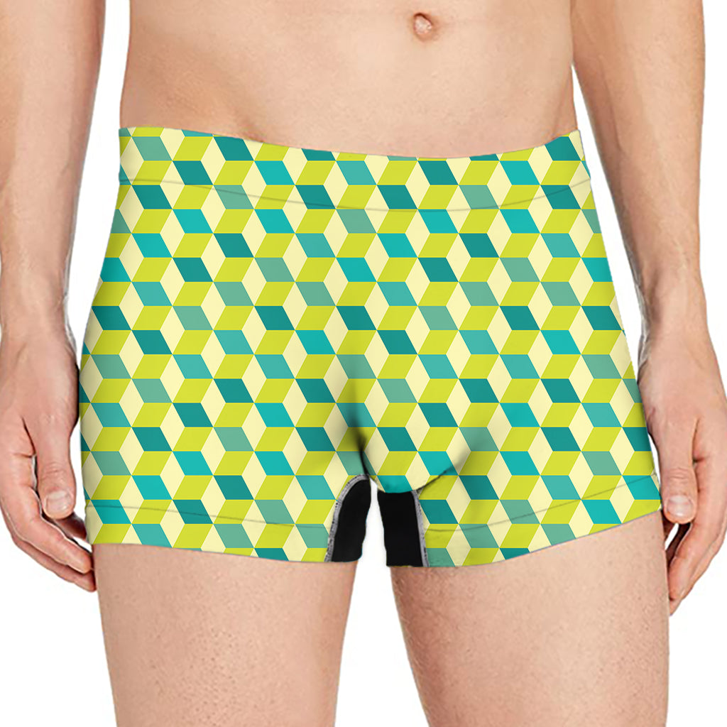 Green Geometric Cube Shape Pattern Print Men's Boxer Briefs