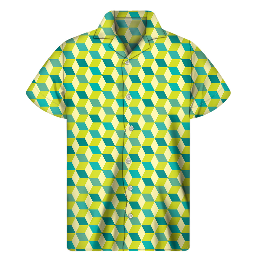 Green Geometric Cube Shape Pattern Print Men's Short Sleeve Shirt