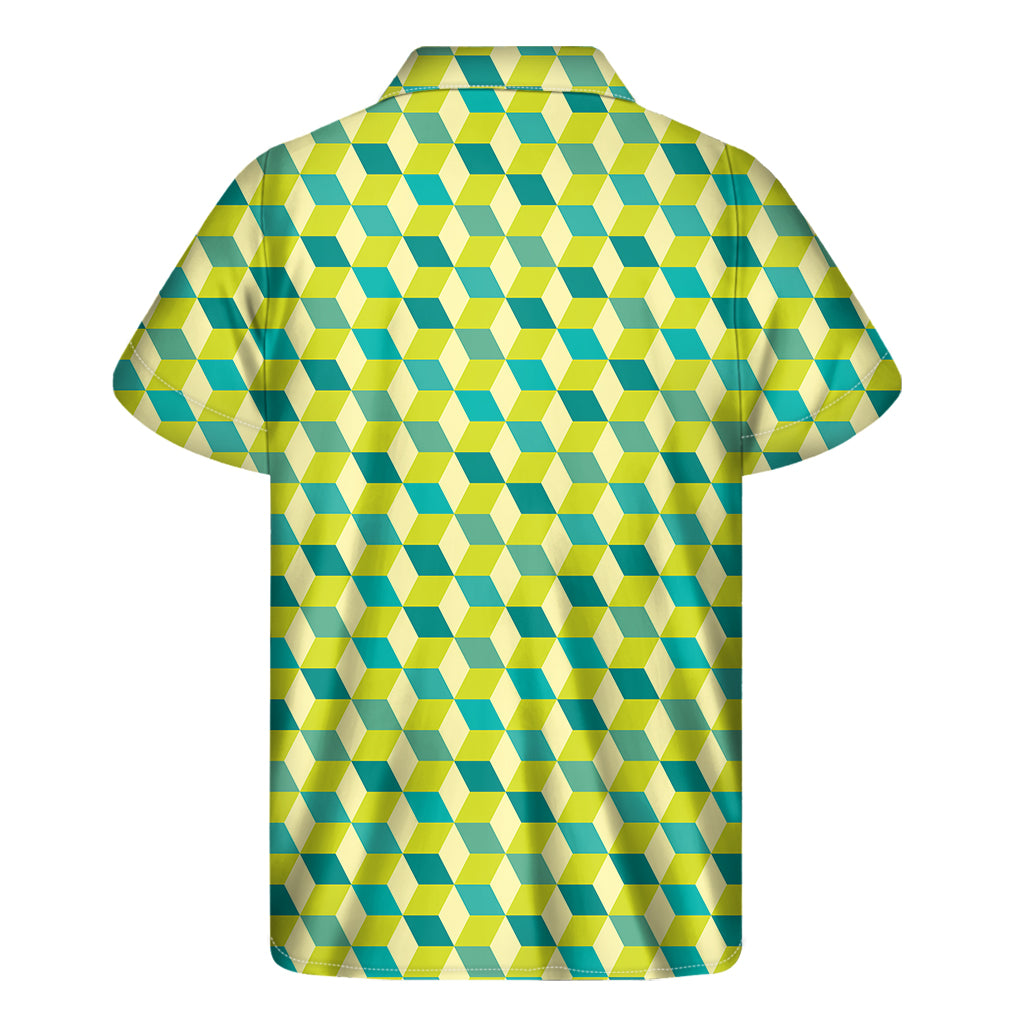 Green Geometric Cube Shape Pattern Print Men's Short Sleeve Shirt