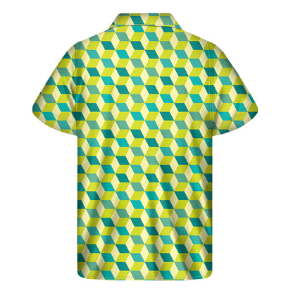 Green Geometric Cube Shape Pattern Print Men's Short Sleeve Shirt