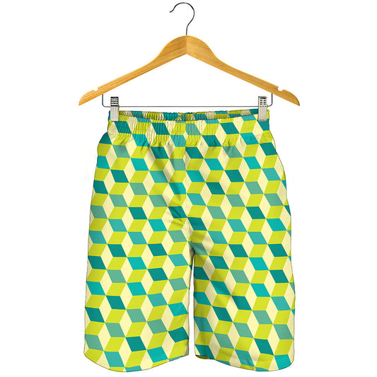 Green Geometric Cube Shape Pattern Print Men's Shorts