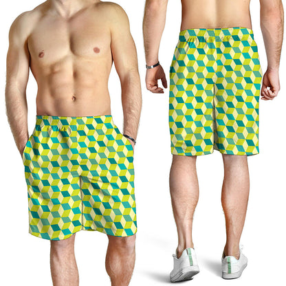 Green Geometric Cube Shape Pattern Print Men's Shorts