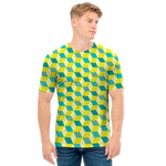 Green Geometric Cube Shape Pattern Print Men's T-Shirt
