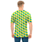 Green Geometric Cube Shape Pattern Print Men's T-Shirt