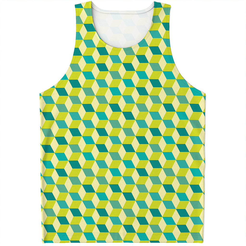 Green Geometric Cube Shape Pattern Print Men's Tank Top