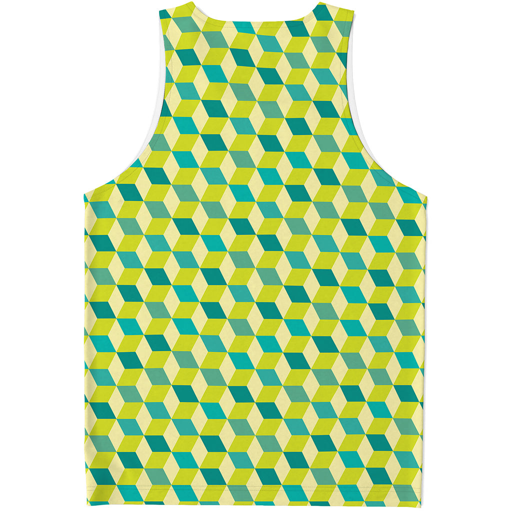 Green Geometric Cube Shape Pattern Print Men's Tank Top