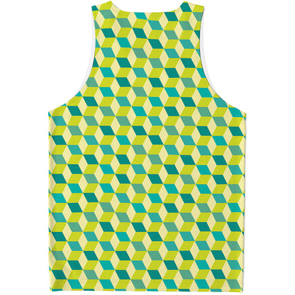 Green Geometric Cube Shape Pattern Print Men's Tank Top