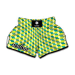 Green Geometric Cube Shape Pattern Print Muay Thai Boxing Shorts