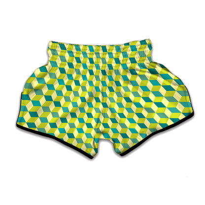 Green Geometric Cube Shape Pattern Print Muay Thai Boxing Shorts