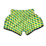 Green Geometric Cube Shape Pattern Print Muay Thai Boxing Shorts