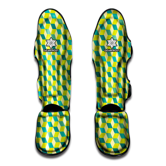 Green Geometric Cube Shape Pattern Print Muay Thai Shin Guard
