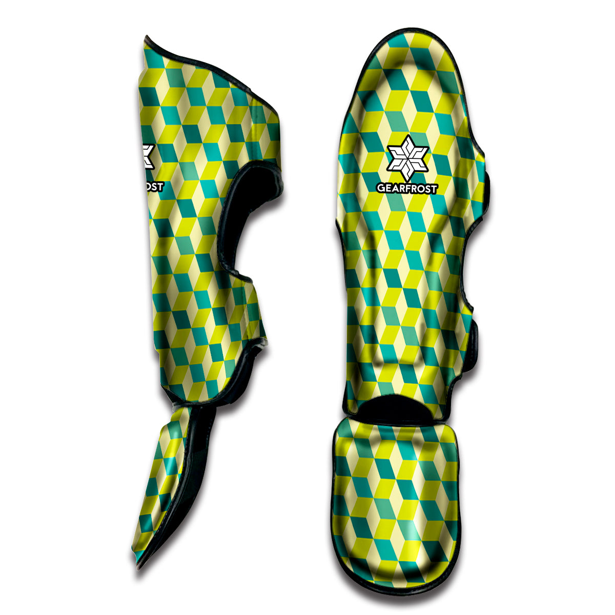 Green Geometric Cube Shape Pattern Print Muay Thai Shin Guard