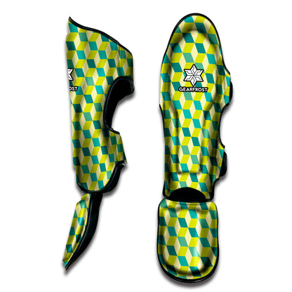 Green Geometric Cube Shape Pattern Print Muay Thai Shin Guard