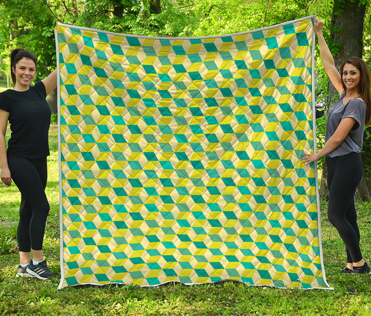 Green Geometric Cube Shape Pattern Print Quilt