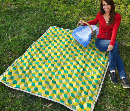 Green Geometric Cube Shape Pattern Print Quilt