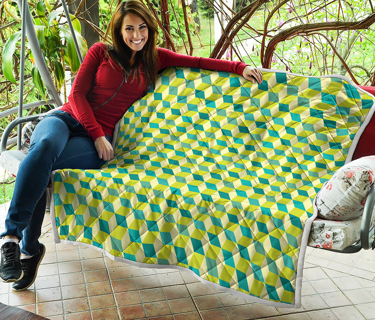 Green Geometric Cube Shape Pattern Print Quilt