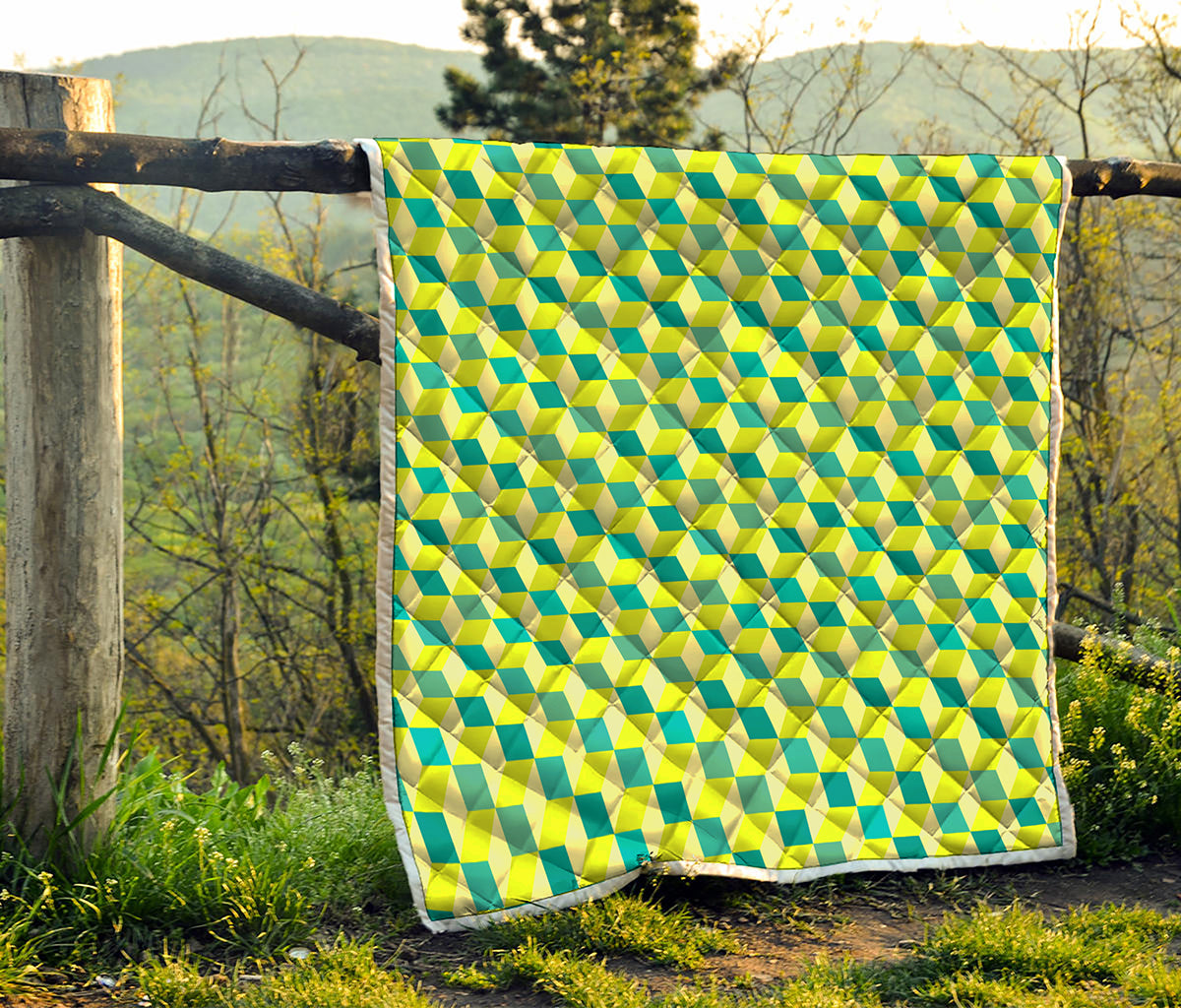 Green Geometric Cube Shape Pattern Print Quilt