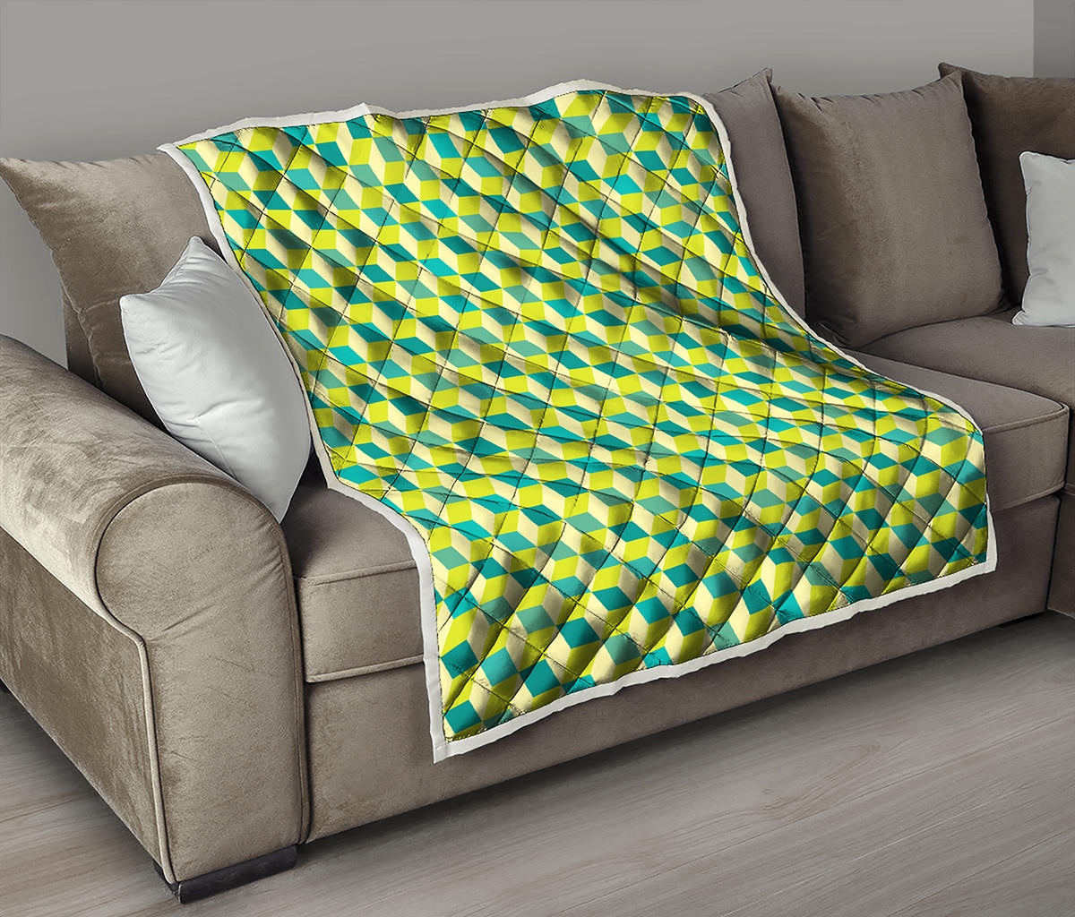 Green Geometric Cube Shape Pattern Print Quilt