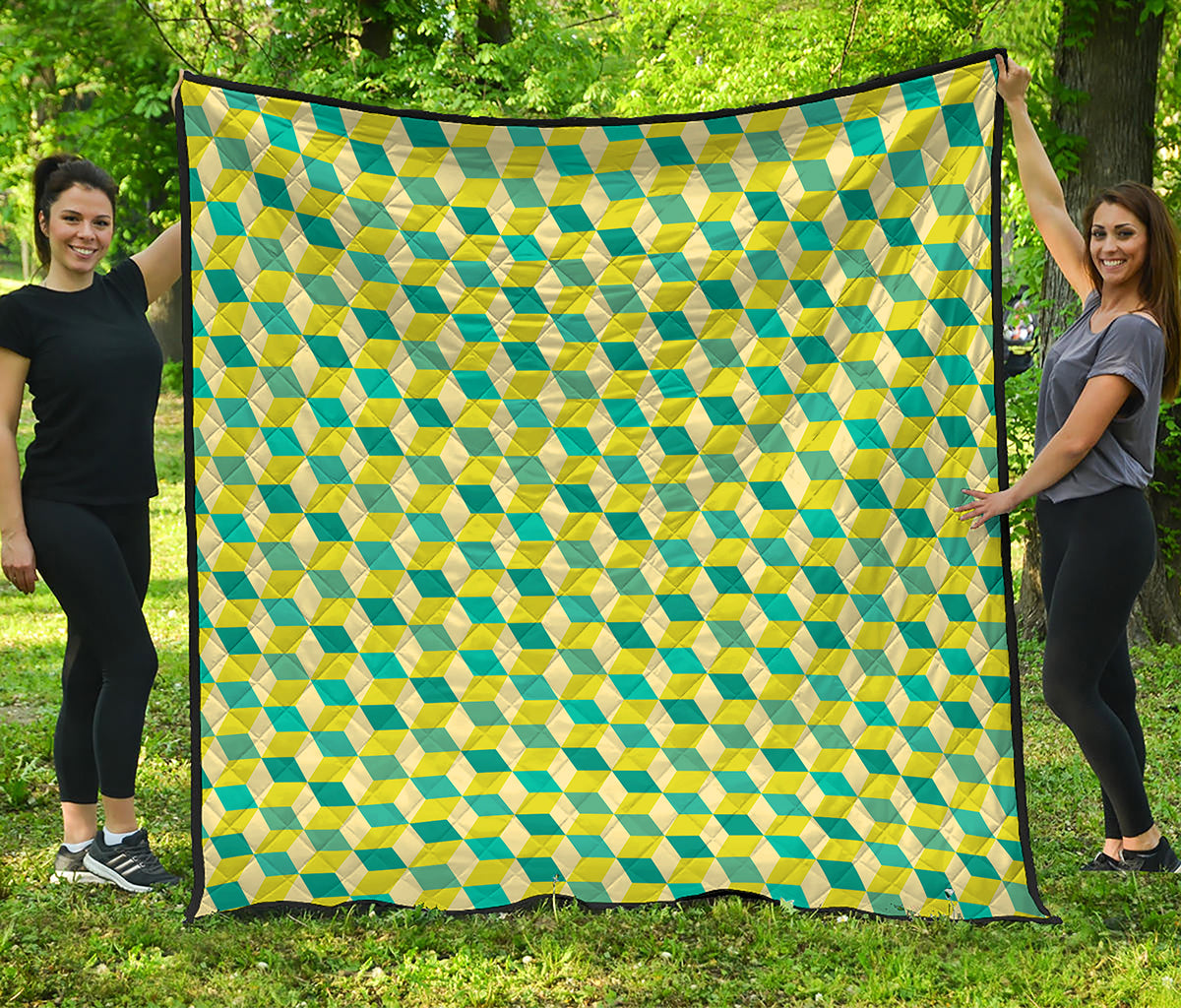 Green Geometric Cube Shape Pattern Print Quilt