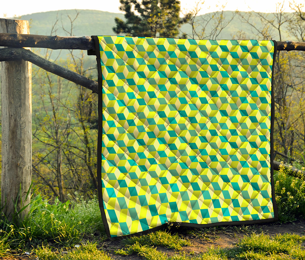 Green Geometric Cube Shape Pattern Print Quilt