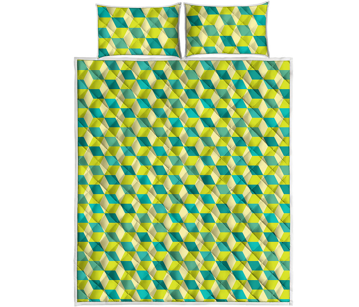Green Geometric Cube Shape Pattern Print Quilt Bed Set