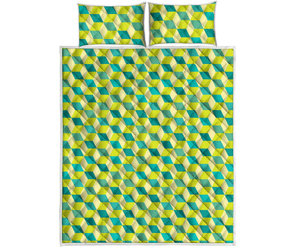 Green Geometric Cube Shape Pattern Print Quilt Bed Set