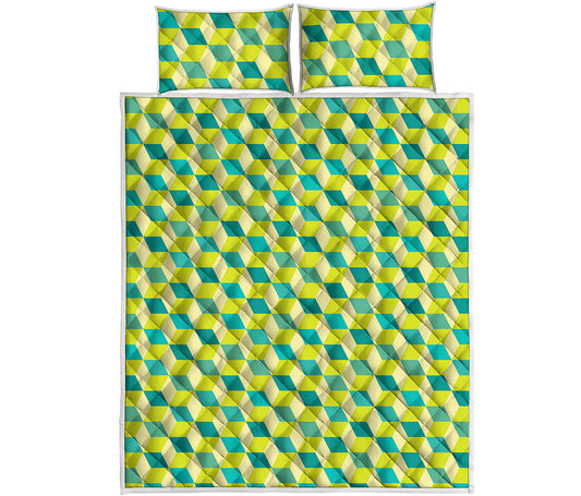 Green Geometric Cube Shape Pattern Print Quilt Bed Set