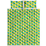 Green Geometric Cube Shape Pattern Print Quilt Bed Set