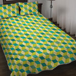 Green Geometric Cube Shape Pattern Print Quilt Bed Set