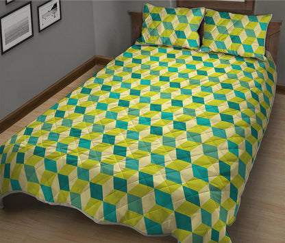 Green Geometric Cube Shape Pattern Print Quilt Bed Set