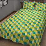 Green Geometric Cube Shape Pattern Print Quilt Bed Set
