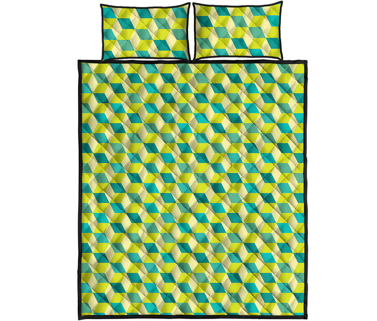 Green Geometric Cube Shape Pattern Print Quilt Bed Set