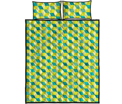 Green Geometric Cube Shape Pattern Print Quilt Bed Set