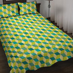 Green Geometric Cube Shape Pattern Print Quilt Bed Set