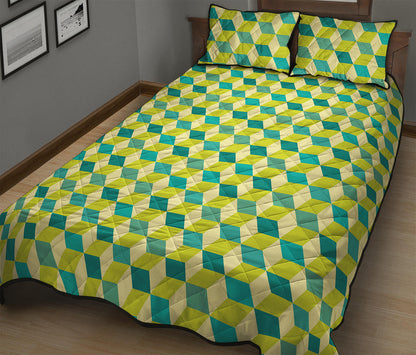 Green Geometric Cube Shape Pattern Print Quilt Bed Set