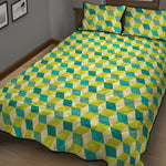 Green Geometric Cube Shape Pattern Print Quilt Bed Set