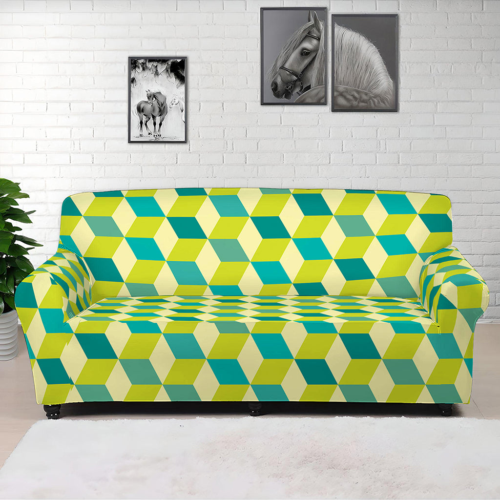 Green Geometric Cube Shape Pattern Print Sofa Cover