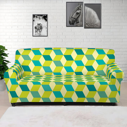 Green Geometric Cube Shape Pattern Print Sofa Cover