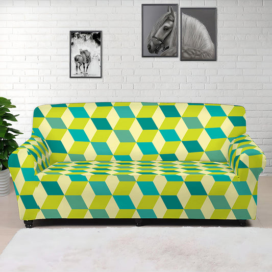 Green Geometric Cube Shape Pattern Print Sofa Cover