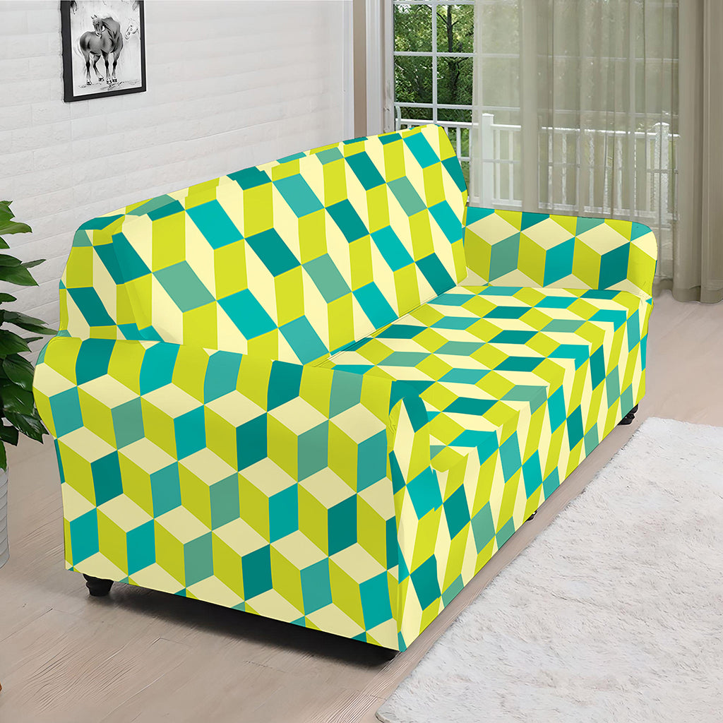 Green Geometric Cube Shape Pattern Print Sofa Cover